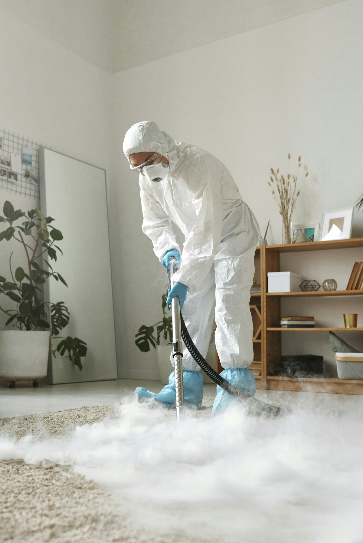 Professional steam cleaning a carpet